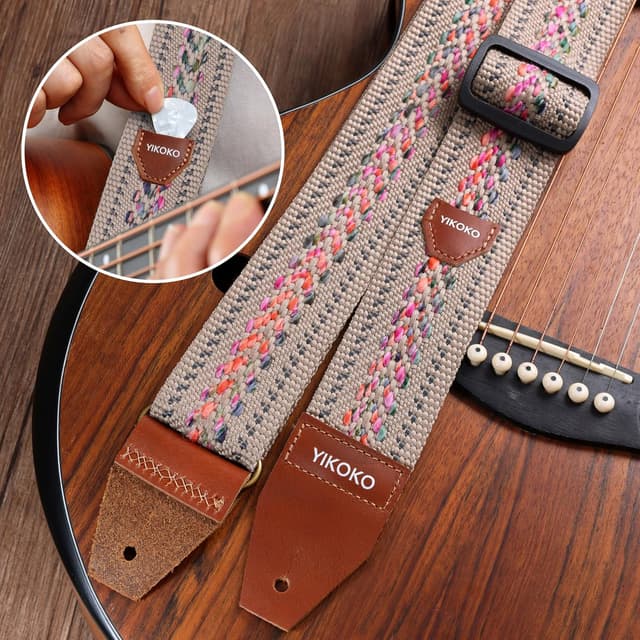 Detalle de YIKOKO Gitarrengurt mit Vollnarbenlederenden, 5,1 cm Breite – Baumwolle für Bass-, E- und Akustikgitarre