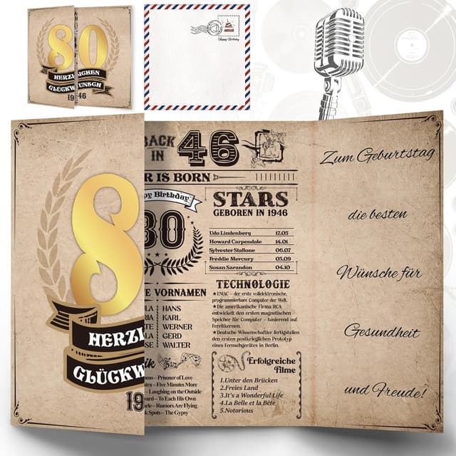 Detalle de Thboxes Geburtstagskarte zum 80. Geburtstag „Back in 1946“ – Retro-Grußkarte mit Platz zum Personalisieren