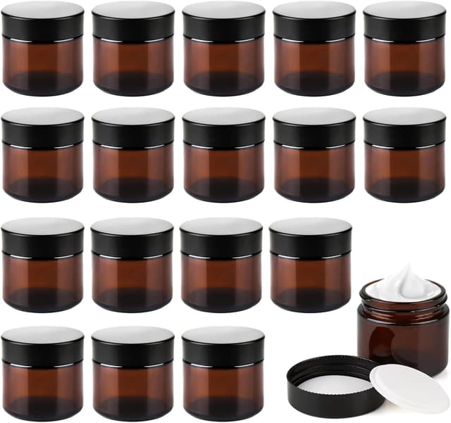 Detalle de 16x 60 ml Amber-Glas-Leerdosen Set (braune Cremedosen) mit Schraubdeckel – nachfüllbare Kosmetikbehälter