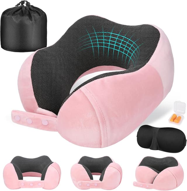 Detalle de Cirorld Nackenkissen Flugzeug (Nackenhörnchen) aus Memory Foam, verstellbar – inkl. Augenmaske, Ohrstöpseln und Tragetasche