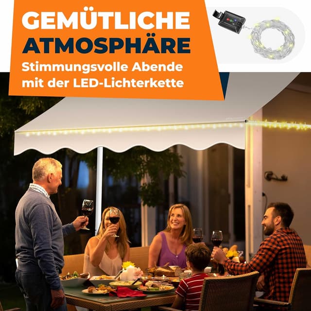 Detalle de KESSER® Klemmmarkise mit Handkurbel & LED-Lichterkette (ohne Bohren) für Balkon, Terrasse & Garten – höhenverstellbar, UV-beständig, wasserabweisend