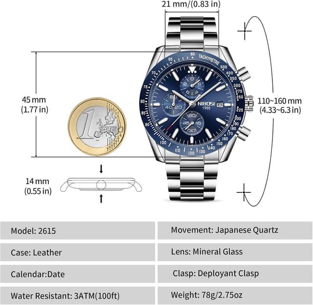 Thumbnail 2 de NIBOSI Orologio da uomo analogico al quarzo con cronografo e cinturino in pelle (3 ATM, data luminosa)