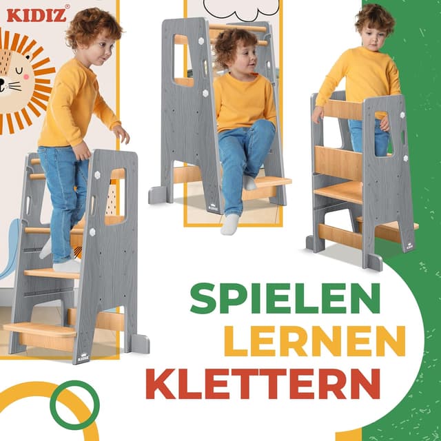 Detalle de KIDIZ Lernturm für Kinder ab 1 Jahr inkl. Lernuhr – höhenverstellbarer Montessori Learning Tower aus Kiefernholz