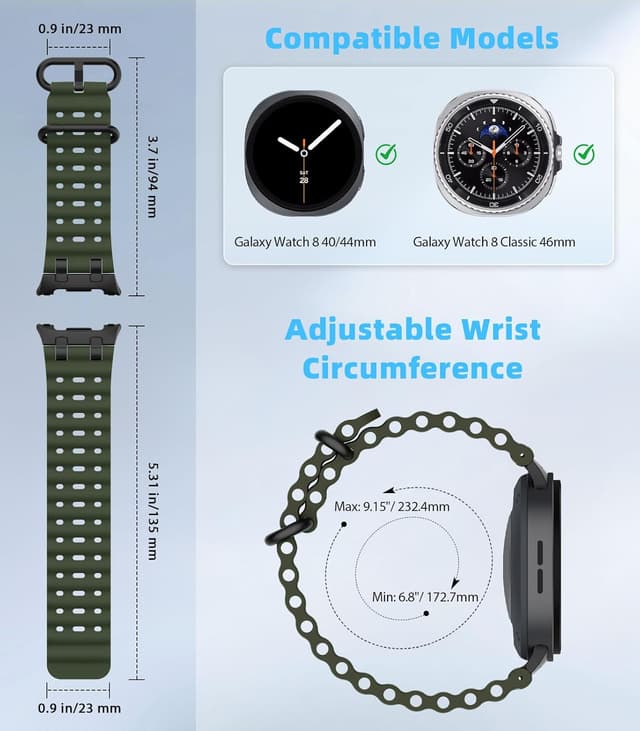 Detalle de MoKo Ocean Strap for Samsung Galaxy Watch 8 (40/44mm) & Watch 8 Classic (46mm) – breathable silicone sport band