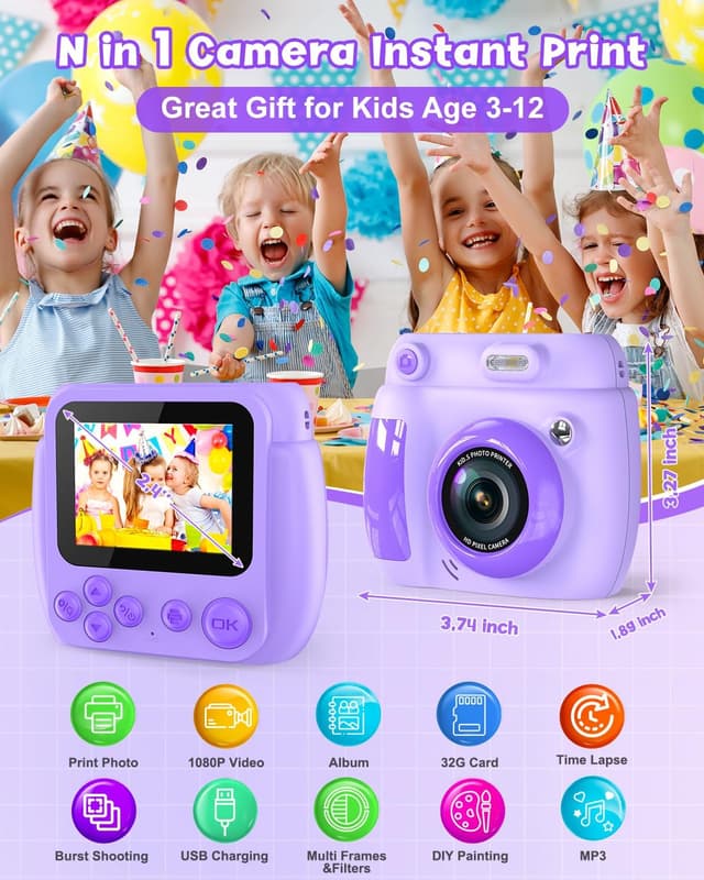 Detalle de Gofunly Kids Camera Instant Print (1080P, 2.4-inch) with 32GB card & 3 paper rolls, Purple