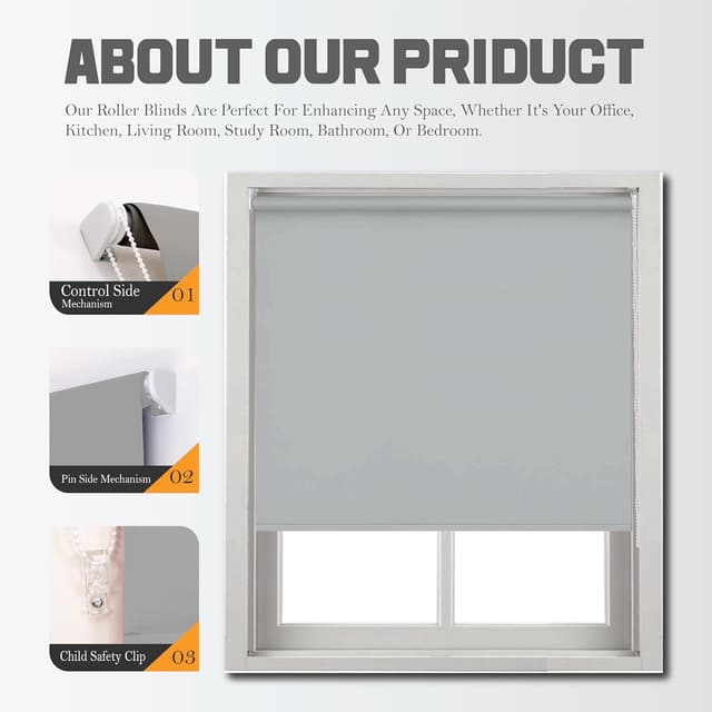 Detalle de Funky Gadgets Thermal Blackout Roller Blind (Grey) – Easy Fit, Thermal/UV Protection, Trimmable Fit, Child Safe