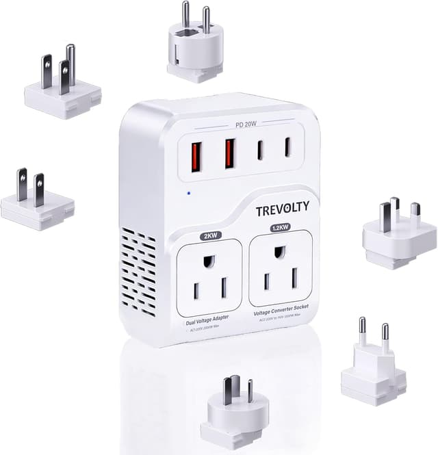 Detalle de TREVOLTY 2000W Voltage Converter (US to Europe) — 7-in-1 220V to 110V Travel Adapter with PD20W USB-C/USB Ports