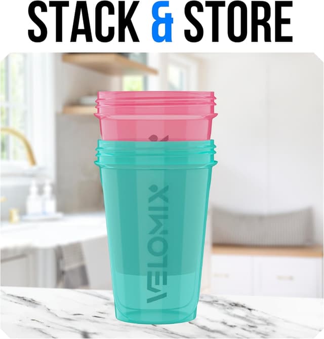 Detalle 2 de VELOMIX 2-Pack 600ml Protein Shaker Bottle (Pink/Turquoise) with Wire Mixball