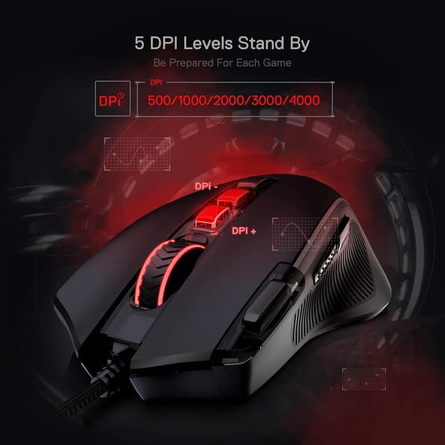 Detalle de Redragon M612 Predator RGB: mouse gaming cablato con 11 pulsanti programmabili e DPI fino a 8.000