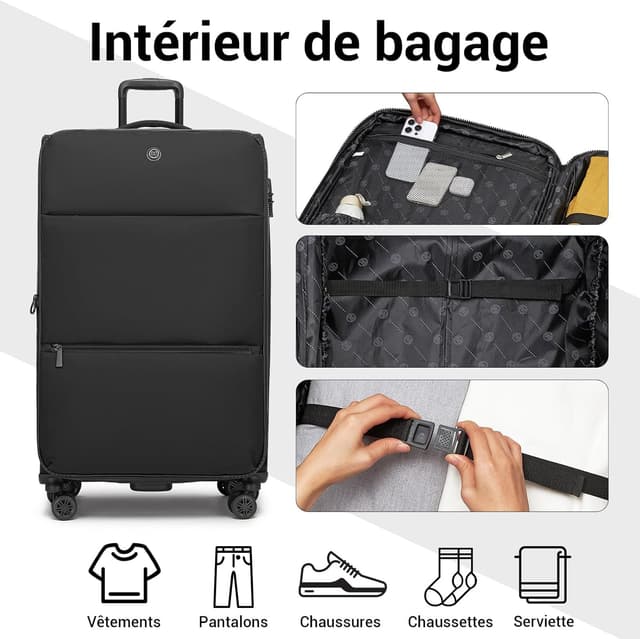 Detalle 2 de Miss Lulu Valise grande taille 30 pouces 85 cm extensible (112 L) souple avec serrure TSA et roues 360°