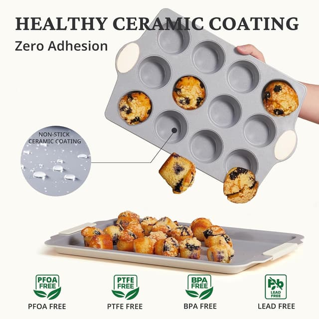 Detalle 2 de BRONYPRO 12-Cup Nonstick Ceramic Muffin Pan & Cupcake Tin (Cream White) — Oven-Safe, Non-Toxic Coating