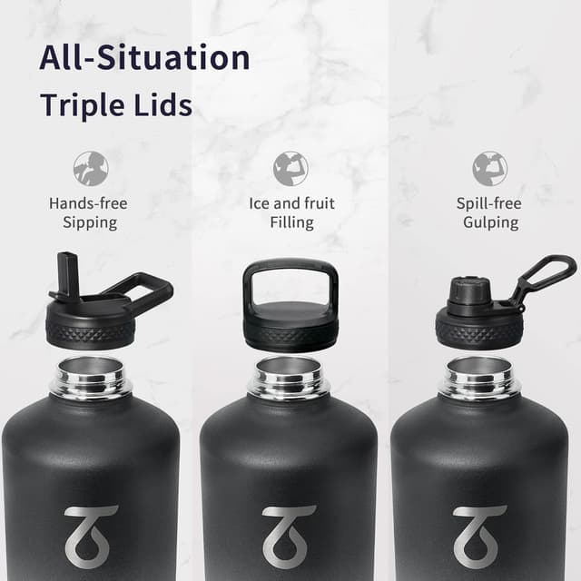 Detalle de Trebo One Gallon Insulated Water Bottle (128oz) with Paracord Handle, Double-Wall Stainless Steel, Leakproof Lids