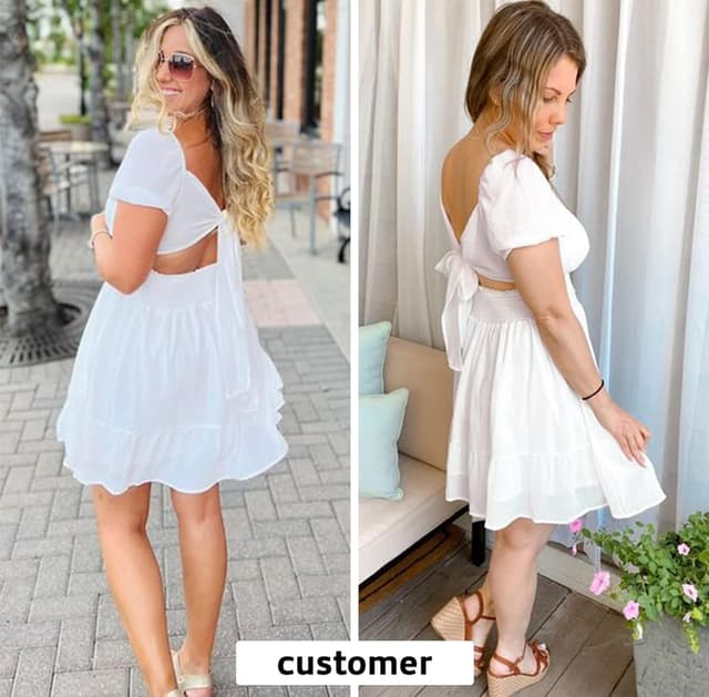 Detalle 2 de EXLURA Women’s 2026 Summer Short Puff Sleeve Square Neck Tie-Back Mini Dress