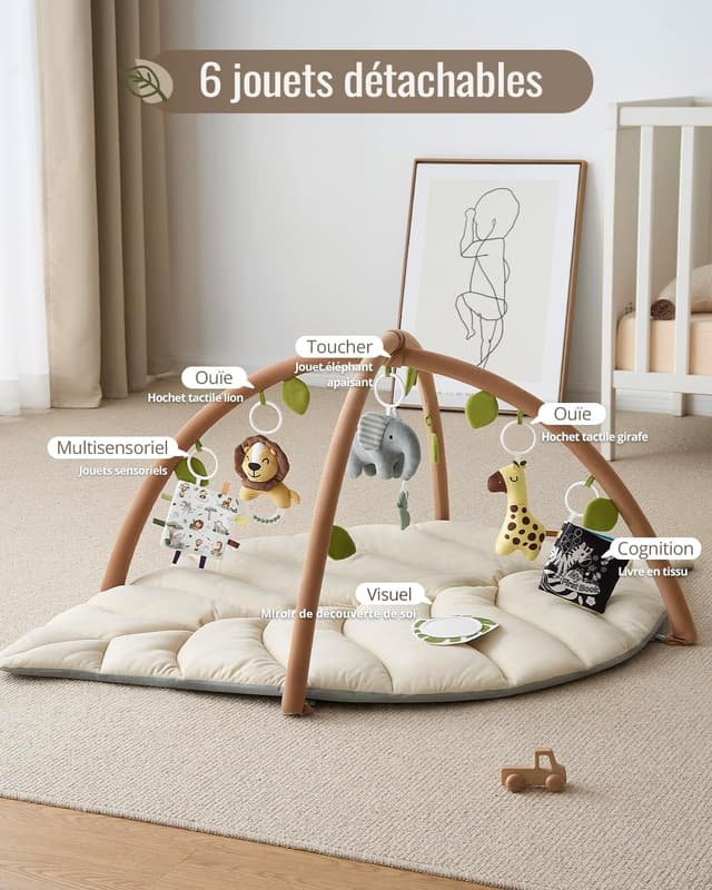 Detalle de Blissful Diary tapis d’éveil bébé avec arche amovible (forme feuille) et 6 jouets suspendus – Beige avoine
