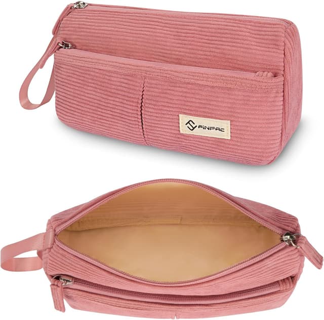 Detalle de FINPAC Trousse scolaire en velours côtelé avec poche zippée et dragonne (rose)