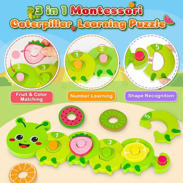 Detalle de Caterpillar Montessori wooden puzzle toy for 1–2 year olds (caterpillar colour sorting & shape matching)
