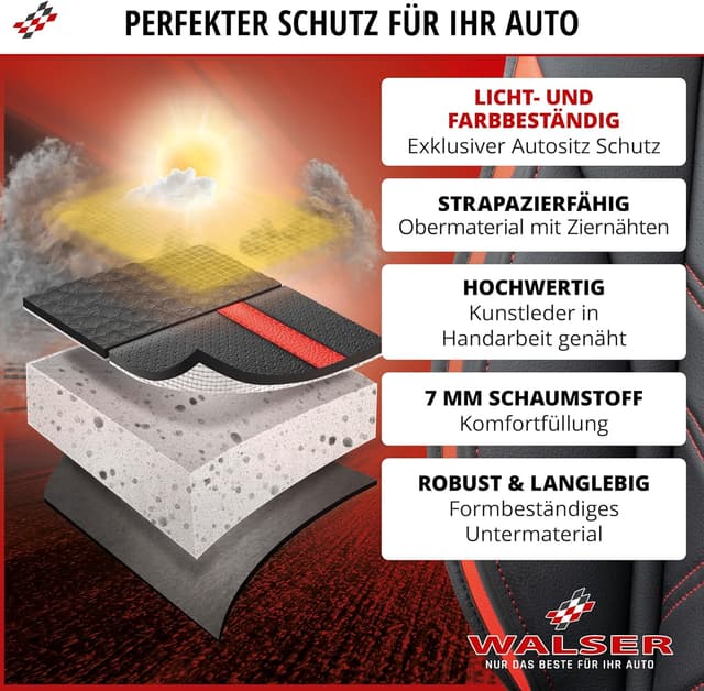 Detalle de Walser Sitzauflage Auto Rey Sitzschoner für Vordersitze schwarz/rot im Rennsport-Design
