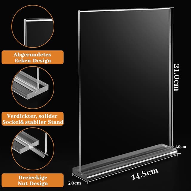 Detalle de Viymgit 8er DIN A5 Tischaufsteller im glasklaren T-Ständer (Acryl) für Speisekarten & Hinweisschilder