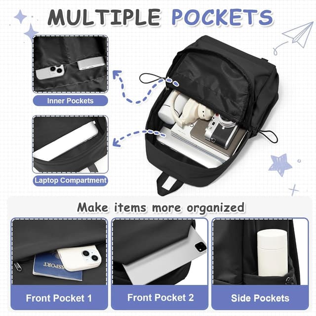 Detalle de WEPLAN Women’s School Backpack (14-inch Laptop) – Lightweight Waterproof 24.5L, H1-Black