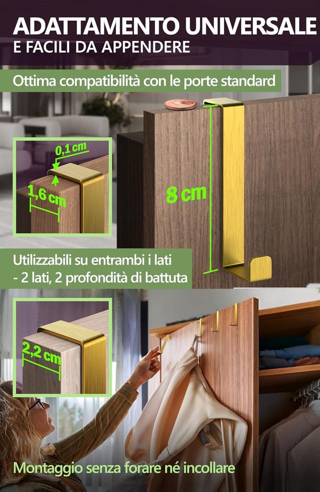 Detalle 2 de 4smile set da 10 ganci per porta in acciaio inox, colore oro
