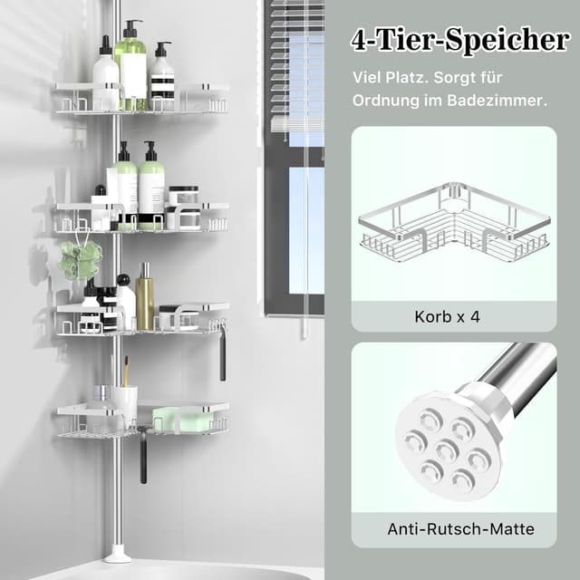Detalle de Kegii Teleskop-Duschregal aus Edelstahl – Duschablage ohne Bohren, Ecke mit 4 Etagen