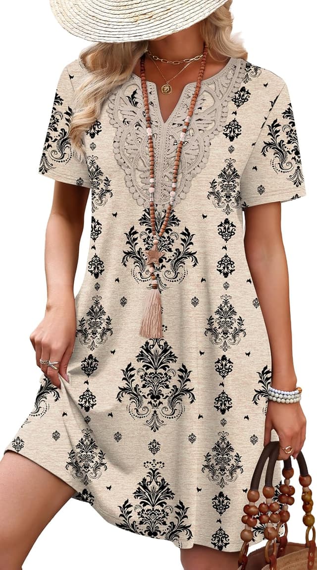 Detalle de WIHOLL Women’s Lace V-Neck T-Shirt Dress for Summer, Wedding Guest & Vacation Wear