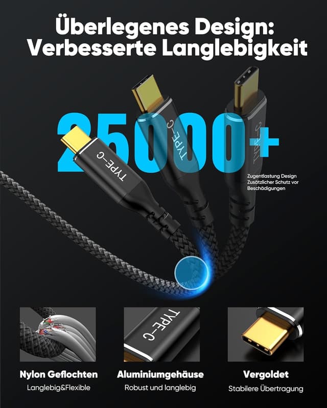 Detalle de Highwings USB‑C auf HDMI Kabel mit 4K@60Hz, 1,8 m (Thunderbolt 3/4 kompatibel) – Schwarz