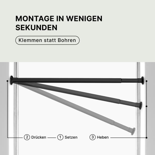 Detalle 2 de MEISENBERG Klemmstange für Gardinen 90–160 cm, Schwarz (Ø 25 mm) – Duschvorhangstange ohne Bohren
