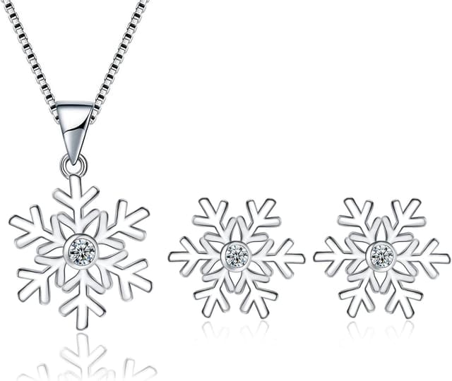 Detalle de Cangall Silber Weihnachten Schmuckset Damen (925 Sterling Silber): Schneeflocke Kette & Ohrstecker-Set
