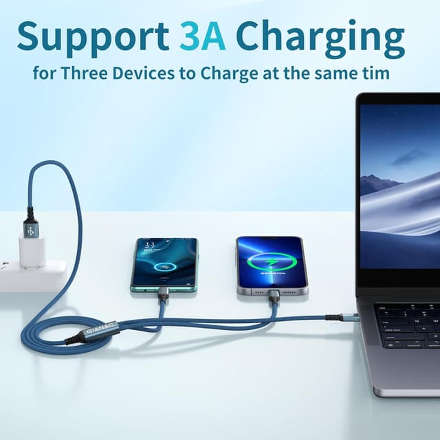 Detalle de GIANAC Multi USB Kabel (2er Set, 0,5 m) 3-in-1 mit Micro-USB, USB-C und Lightning – nur Laden, bis 3 A