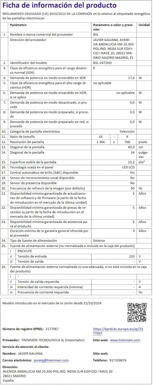 Thumbnail 6 de BSL-24T2HD Téléviseur 24" LED HD 1366x768 60 Hz