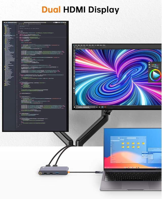 Detalle de NOVOO USB-C-Dockingstation mit Dual HDMI (bis 4K@60Hz), USB-A Hub, PD 100W und 2x HDMI