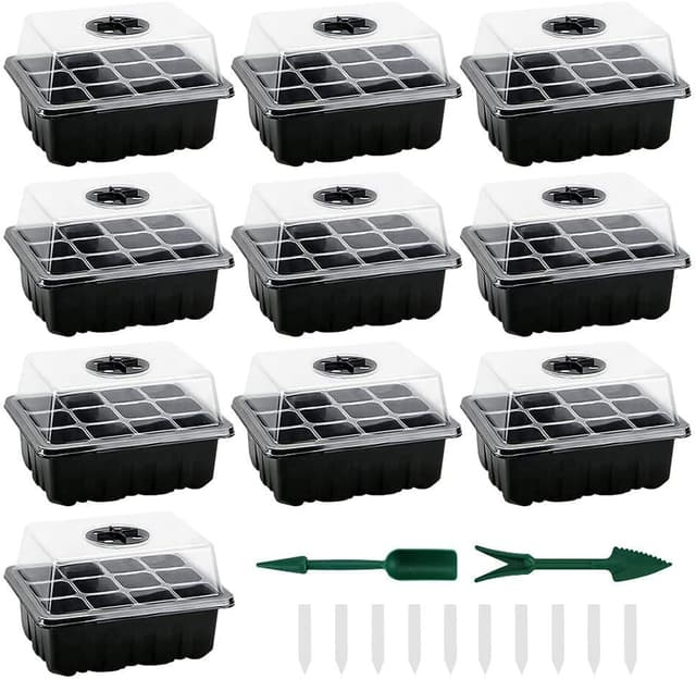 Detalle de Seed Trays 10-Pack: sturdy seed starter kit with adjustable humidity dome and 12 cells per tray