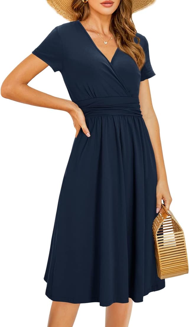 Detalle de STYLEWORD Damen Sommerkleid mit Wickeloptik, V-Ausschnitt & Taschen