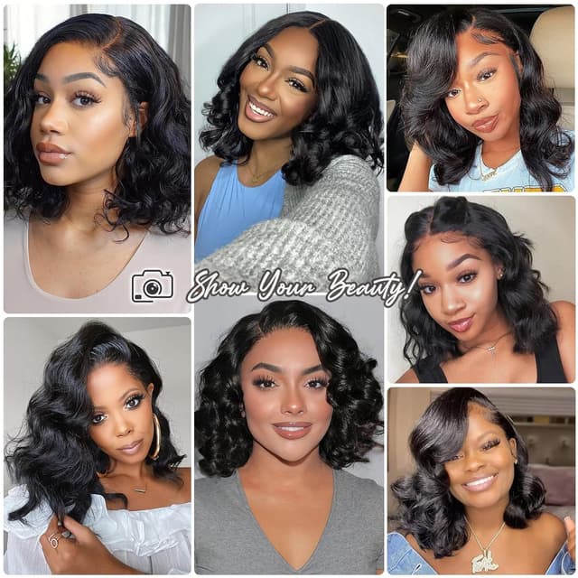 Detalle de Body Wave 13x6 HD Lace Front Wig (Human Hair) 200% Density Bob Wig, Glueless 14 inch Loose Wavy