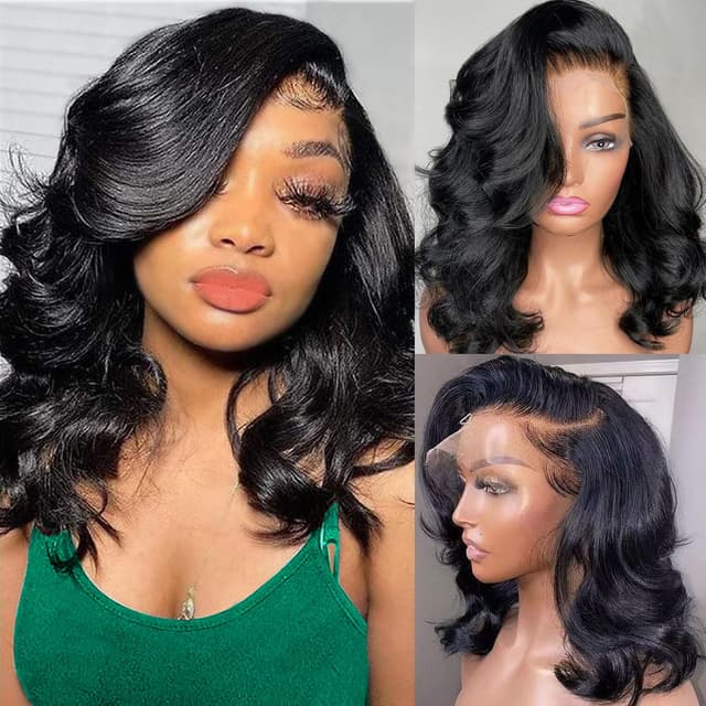 Detalle de Body Wave 13x6 HD Lace Front Wig (Human Hair) 200% Density Bob Wig, Glueless 14 inch Loose Wavy