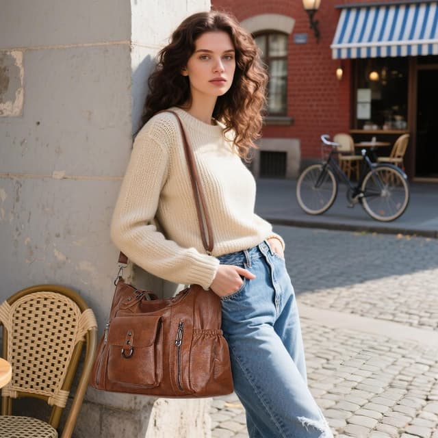 Detalle de BAIGIO Grand sac à main femme en cuir PU vintage avec bandoulière et multi-poches