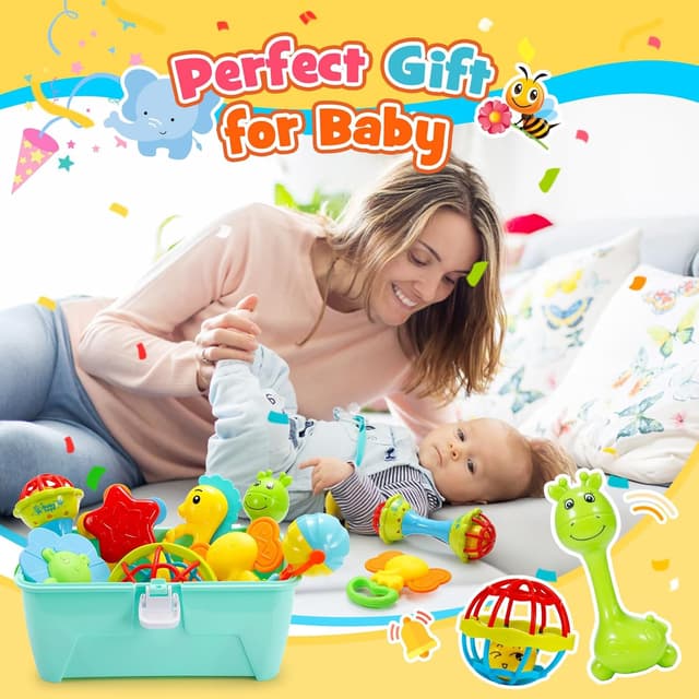 Thumbnail 6 de 14-teiliges Rasseln & Beißring Set mit Aufbewahrungsbox – Babyspielzeug ab 0–12 Monate