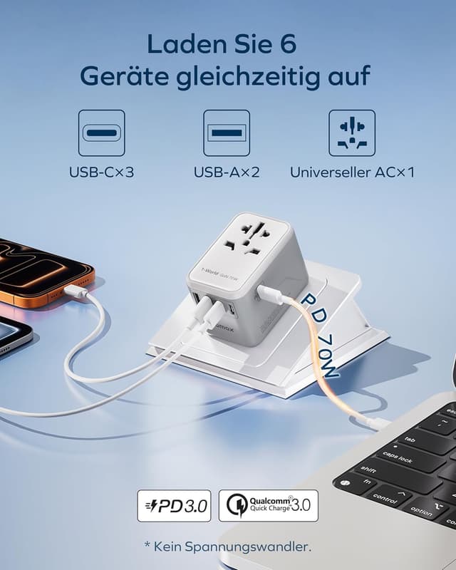 Detalle de MOMAX Universal Adapter Steckdose 70W GaN – Reiseadapter mit 3× USB‑C, 2× USB‑A und internationalen Steckertypen