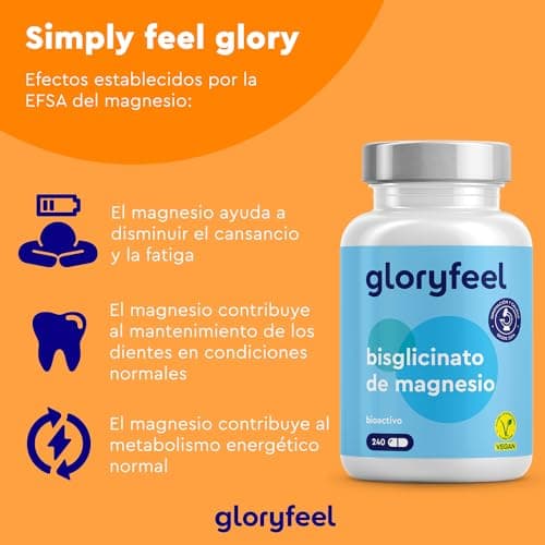 Detalle de Gloryfeel Glicinato de Magnesio (bisglicinato) 240 cápsulas, 400 mg de magnesio elemental/día