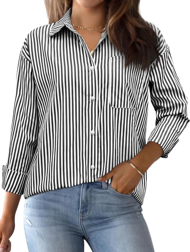 Detalle de AISEW Women’s Striped Button-Down Shirt with Chest Pocket (Long Sleeve, Collared Office Blouse)