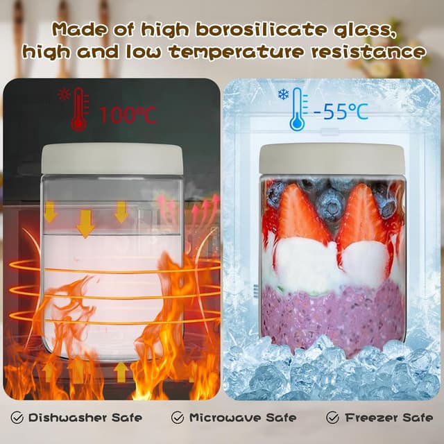 Detalle de YUEYEE 4 Meal Prep Gläser (600 ml) mit Deckeln – für Overnight Oats, Marinaden & Aufbewahrung