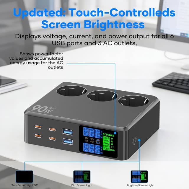 Detalle de CKCN Multiprise avec 6 ports USB-C/USB (90W) et écran LED 1,2 m