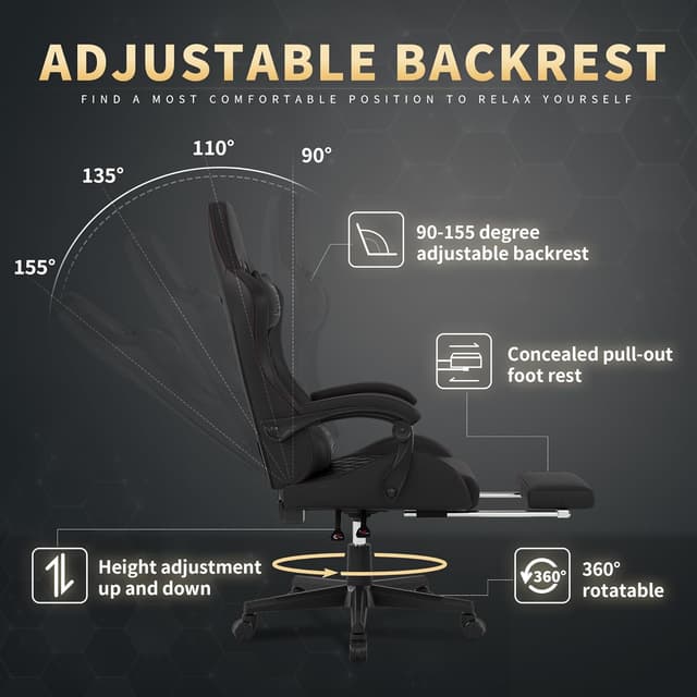 Detalle de Gamtimer Gaming Chair (400 lbs) with Footrest, Lumbar Support, and High-Back Recline (Black)