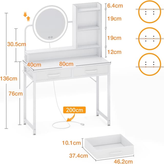 Detalle 2 de ODK Coiffeuse 80×40×136 cm LED 🪞