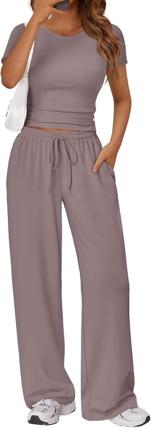 Detalle de Trendy Queen 2-Piece Matching Summer Lounge Set for Women (Crop Top & Wide-Leg Pants)