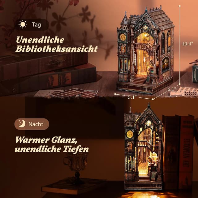 Detalle de FUNPOLA Magic Library Book Nook Kit mit LED 3D und Infinity-Spiegel – DIY Holzpuzzle für Mini-Bibliothek
