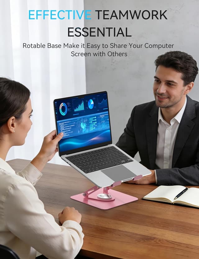 Detalle de SOUNDANCE 360° Rotating Laptop Stand (10–15.6in) with Adjustable Height, Foldable Metal Riser – Pink