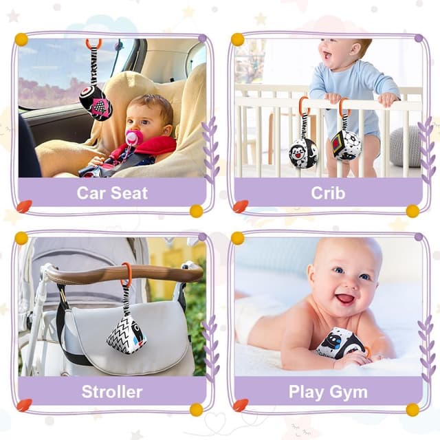 Detalle 2 de Aolso Kinderwagen-Spielzeug (4-teilig) mit hängenden Rasseln in Schwarz/Weiß