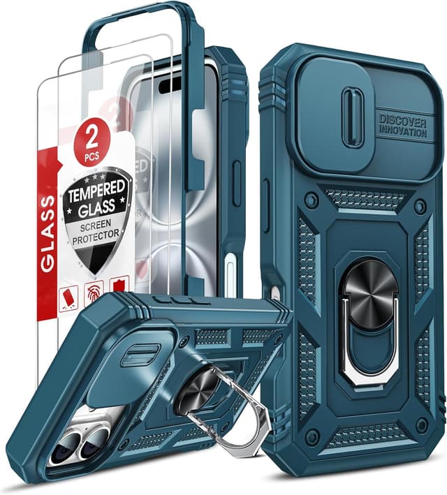 Detalle de LeYi iPhone 16 case with sliding camera cover, ring stand & 2-pack tempered glass (blue) – shockproof protection